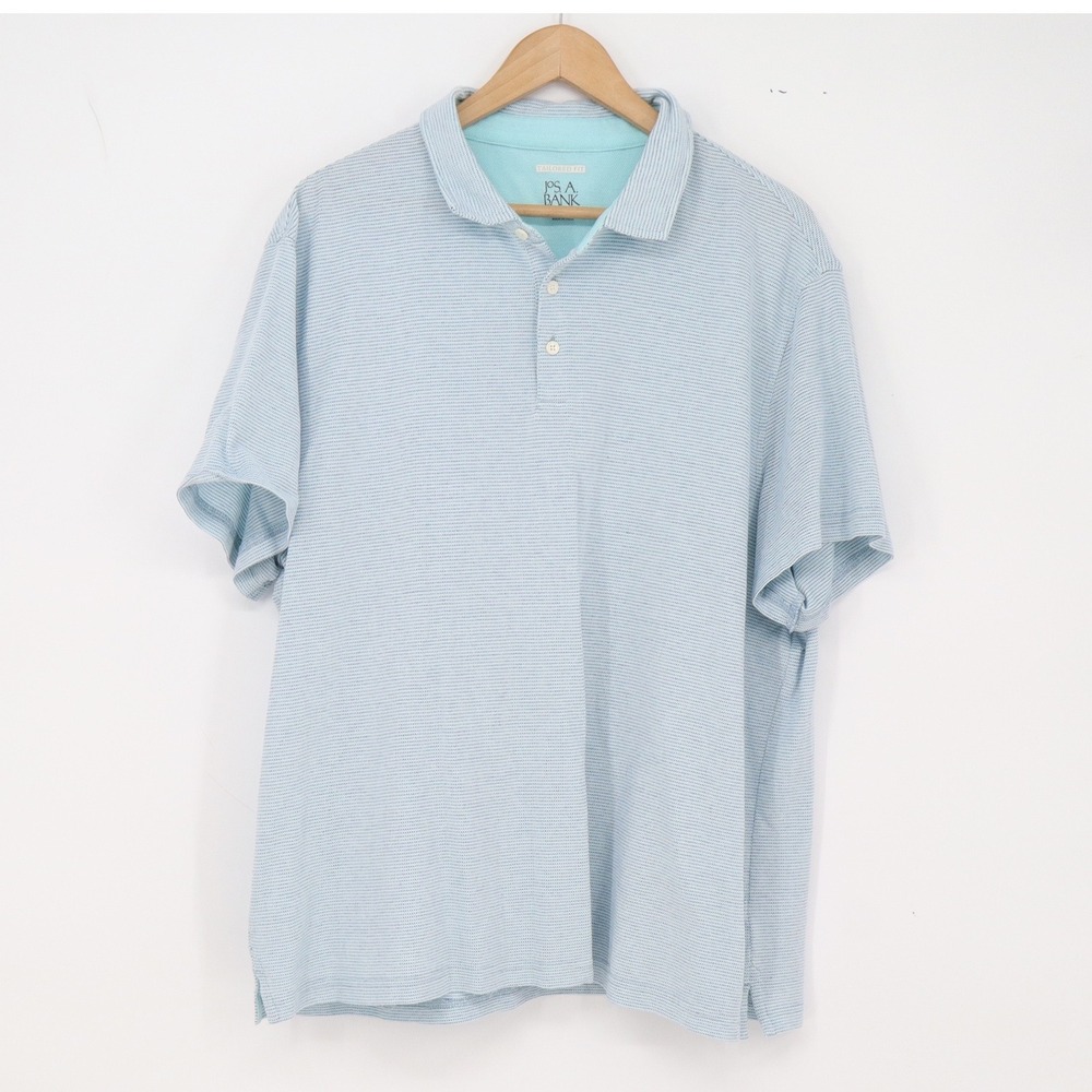 Jos. A. Bank Polo Shirt Mens XL Tailored Fit Blue Micro Stripe Short Sleeve Exc